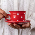 City to Cottage Handmade Red and White Polka Dot Ceramic 8.4oz/250ml | Cappuccino, Coffee, Tea Cup and Saucer, Unique Designer Pottery for Tea Lovers