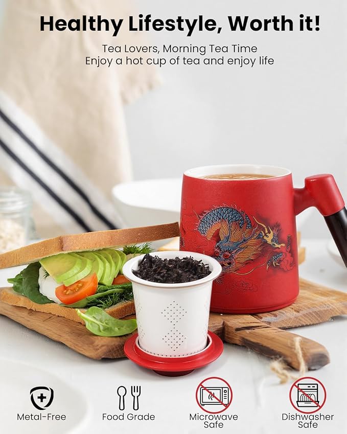 Ceramic Tea Cup with Infuser and Lid, 13.5 oz Tea Mug for Loose Leaf Tea,Wood Handle,Chinese Dragon Design,All Porcelain Strainer,BPA-Free, Perfect for Tea Lovers/Birthday/Easter (Red）