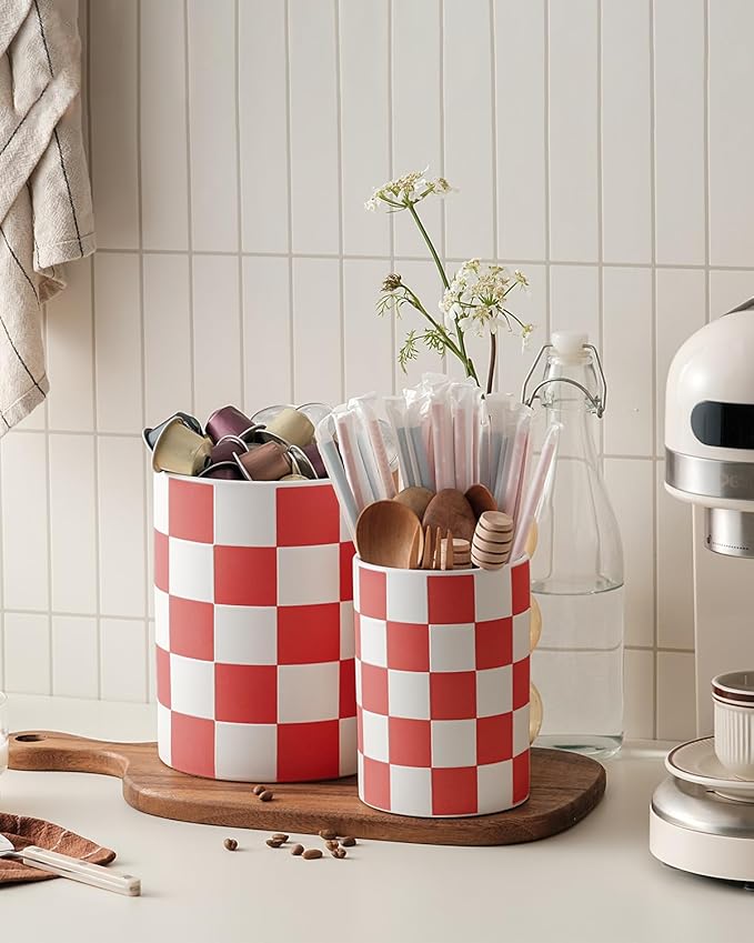 Utensil Holder，7.1"+5.8" Ceramic Kitchen Utensil for Counter top, Checkered Cooking Utensil Holder for Spatula & Spoon, Kitchen Decor, Set of 2 (Red Checkered)
