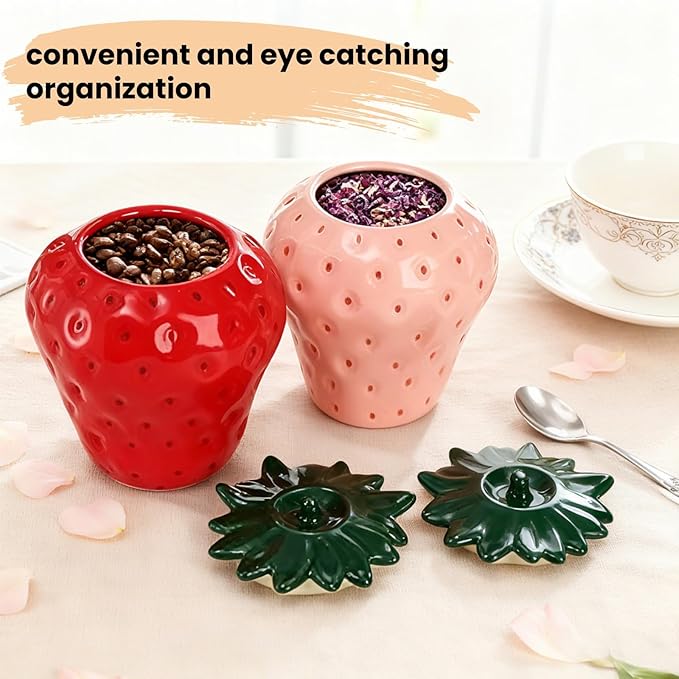 2 Pack Strawberry Storage Jars, 14 OZ Ceramic Cookie Containers with Airtight Lids, Cute Sugar Canisters Set, Candy and Coffee Bean Jar for Flour Nut Tea Spices Grains, Kitchen Farmhouse Decor