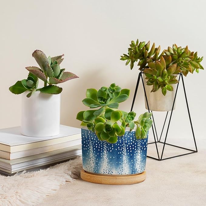 Navy Blue Modern Geometric Abstract Polka Dots Print Ceramic Flower Pots,Gardening Plant Pot with Drainage Holes And Saucers Round Ceramic Pots for Indoor Plants Succulent Herbs Cactus Pots