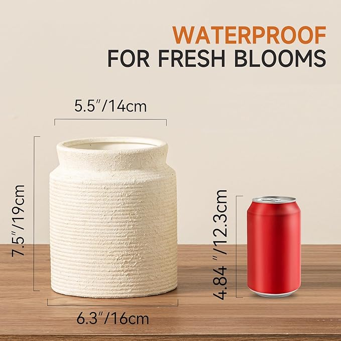 Ceramic Flower Vase 7.5 inch Farmhouse Rustic Vase for Home Decor Handcrafted Pottery Terracotta Vases for Dining Table Decor Fireplace Living Room Bathroom Wedding Centerpiece (M-Off White)