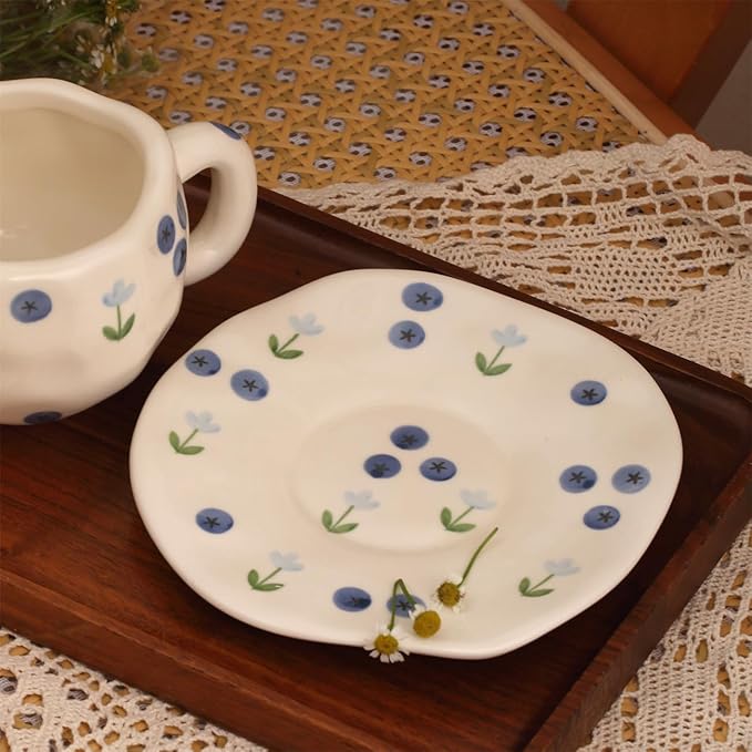 TREEWOO Hand Painted Blueberry Ceramic Coffee Cup and Saucer Set, 250ml/8 oz, Korean Style, Hand Pinched Irregular Cappuccino Latte Tea Cup