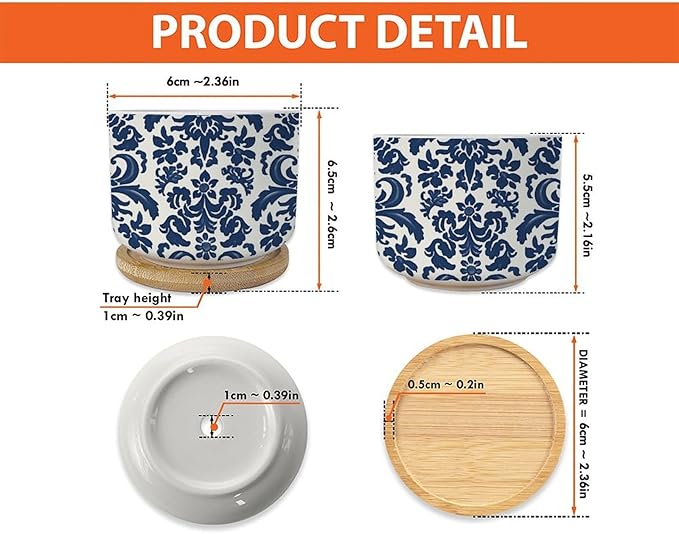 Blue Regalia Lion Ceramics Plant Pot Set of 5 Indigo Blue Flower Lion Asian Succulents Plants Live with Pot with Drainage Bamboo Trays Oriental Toile Chinoiserie Small Ceramics Planter