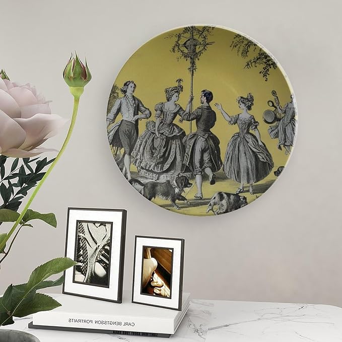 Home Decorations Decorative Plate, Romantic French Toile Personalized Christmas Gifts Ceramic Craft for Decorative Ornaments for Wall Household Farmhouse Decor, Including Bracket And Special Hook