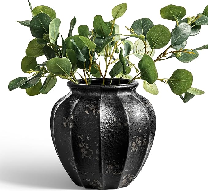LE TAUCI 9" Ceramic Vase, Artisan Large Black Ceramic Vase for Modern Home Decor, Substantial & Stable, Handcrafted Flower Vase, Living Room & Dining Room Table Centerpiece, Distressed Iron Black