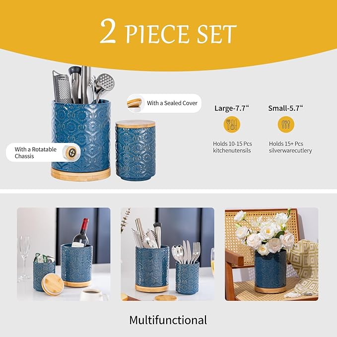 TEATALK Ceramic Utensil Holder Set, 360° Rotating Organizer for Countertop, Farmhouse Vintage Style, Large and Small Crocks in Dark Blue，7.7"+5.7"