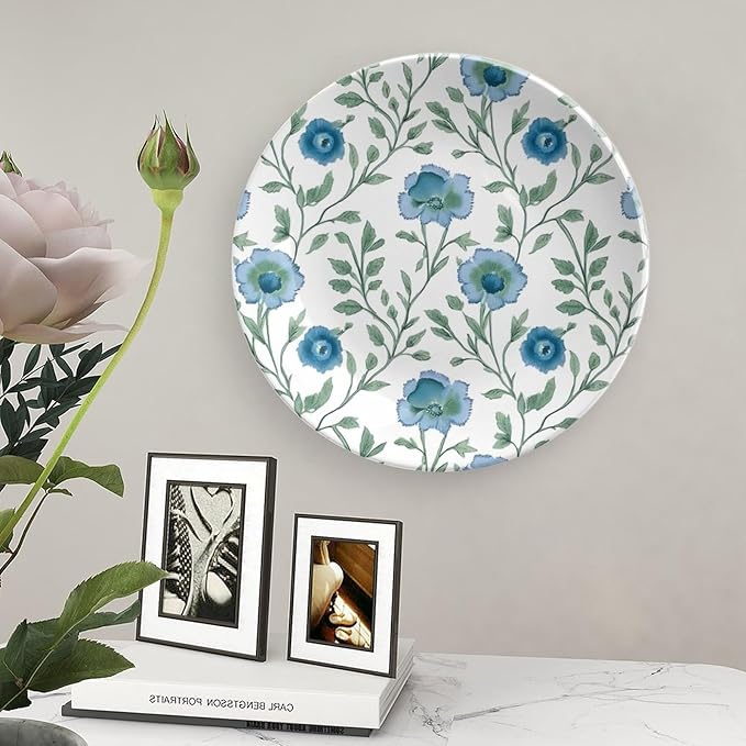 Blue Mughal Flower Decorative Plate, Customize Dinner Plates for Wedding Kitchen Housewarming Gifts Decor, 1 Plate with 1 Display Stand Art Decorations for Home Office