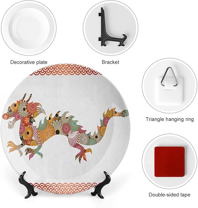 XISUNYA 7 Inch Decorative Plate, Dragon Porcelain Plate, Floral Ornamental Dragon Body Classic Japanese Wavy Print Ceramic Wall Hanging for Home & Office Wall Hanging Decor