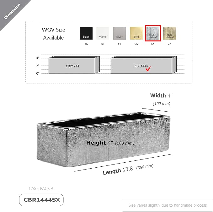 WGVI Long Rectangle Ceramic Planter Vase in Silver Etched 14" x 4" x 4"H, Rectangular Box Block Terrarium Pot, Flower Arrangement, Tabletop Centerpiece, Home Decor Organization Container, 4 Pcs.