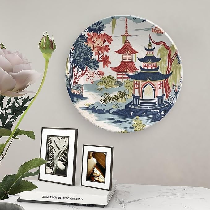 Chinoiserie Pagoda White Coral Blue Asian Decorative Plate of 6", 7", 9", 10", Customize Chinoiserie Decor Pagoda Bone China Decorative Plate, Festival Club Decorations Office, with Vertical Stand