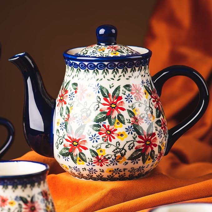 polish pottery style porcelain ceramic 10 piece Tea set,7.2oz tea cup and sauce set of 4,28.2oz teapot and wooden serving tray.（ Exotic Daisy）