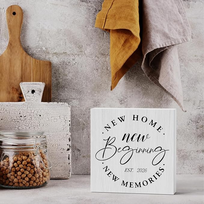 Rustic 2026 New Home Housewarming Gifts Ideas for Women Men Friend Home Desk Shelf Decor - 5.1 x 5.1 Inches New Memories Shelf Table Decor Desk Accessories - White