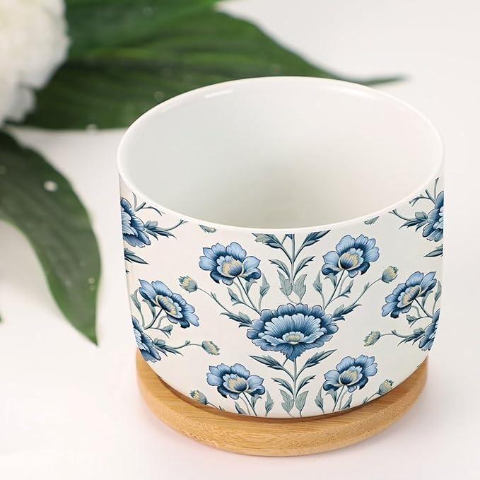 2 Piece Ceramics Planter Mughal Flower Small Pots for Succulents Chinoiserie Blue Floral Cactus Pot for Indoor Asian Scenery Chinoiserie Plant Pot with Drainage Holes