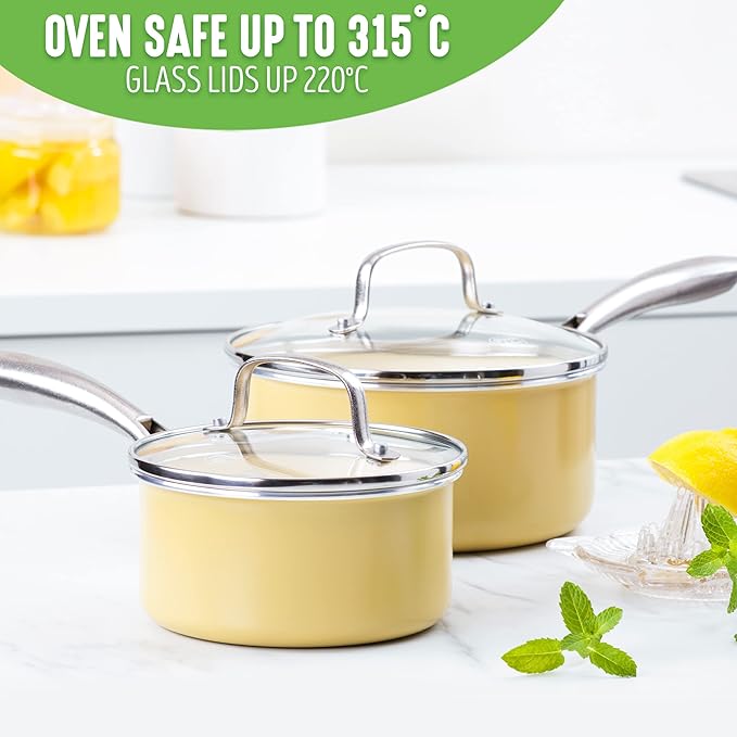 GreenLife Artisan Healthy Ceramic Nonstick, 1QT and 2QT Saucepan Pot Set with Lids, Stainless Steel Handle, Induction, PFAS-Free, Dishwasher Safe, Oven Safe, Yellow