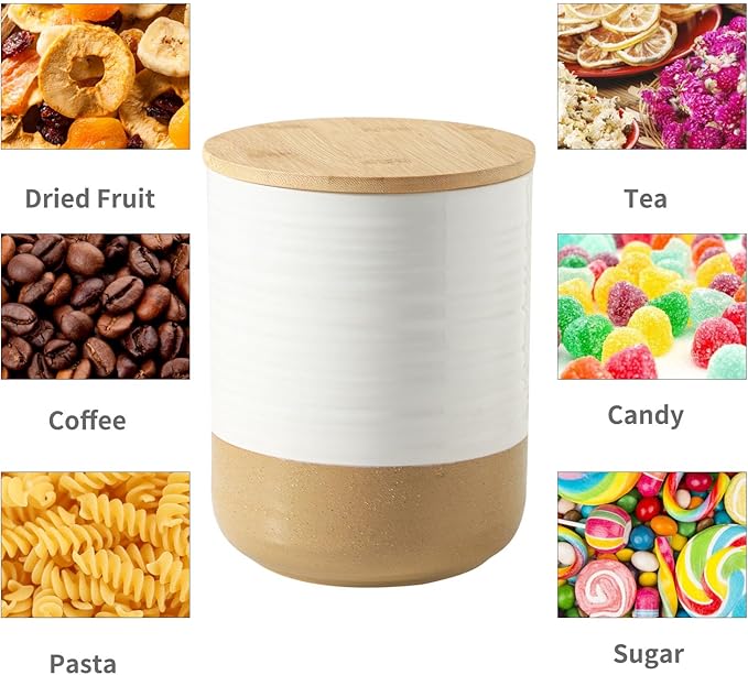 HASENSE Ceramic Kitchen Canisters with Bamboo Lids – 80oz & 24oz Storage Jars Set – 7.5" + 5.9" Airtight Pantry Containers for Tea, Coffee, Flour, Snacks – Modern Minimalist Design 2-Pack White