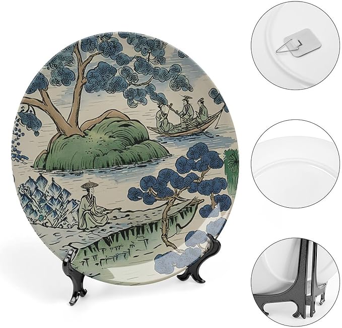 Decorative Plate Asian Scenic Dynasty Blue And Green Personalized Decor for Household Farmhouse Festival Display Bone China Decorative Plate with Vertical Stand, Multi Sizes, Gifts for Men Women