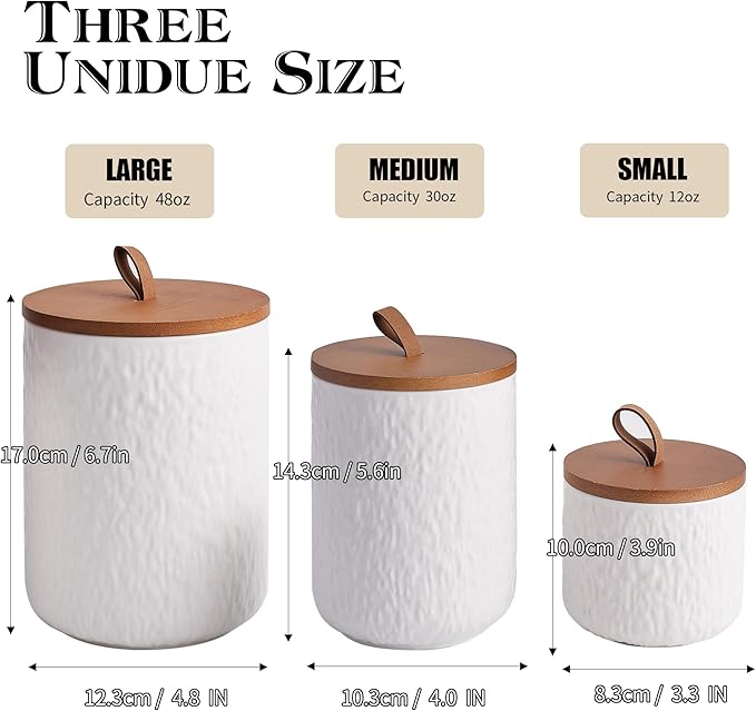 JOJUNO White Ceramic Canister Set with Wooden Lid, 3-Piece Airtight Food Storage Jars for Kitchen Counter - Flour, Sugar, Coffee, Tea, Spice - Small, Medium, Large Sizes - Stone Texture