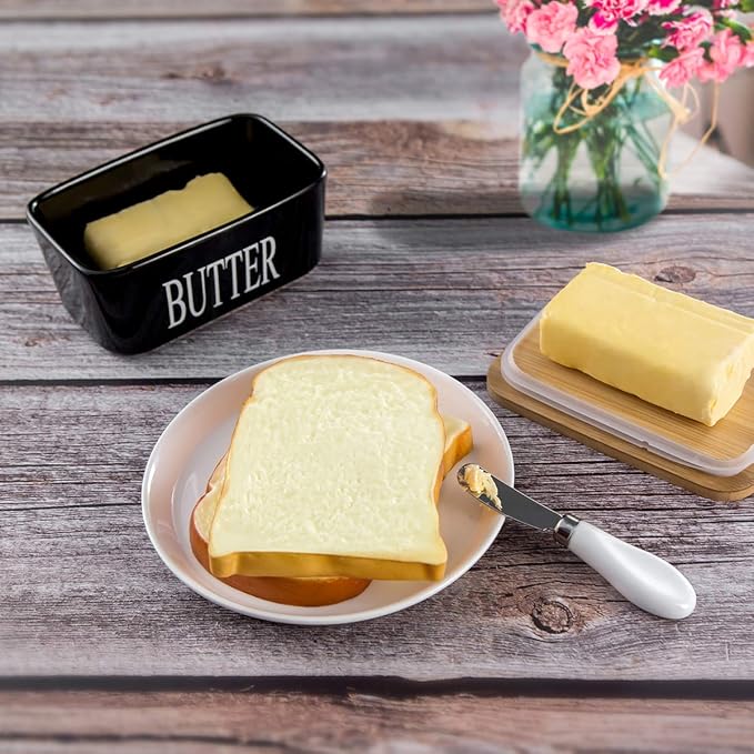Hasense Porcelain Butter Dish with Bamboo Lid - Covered Butter Keeper with Butter Knife for Countertop, Airtight Butter Container with Cover for East West Coast Butter, Black