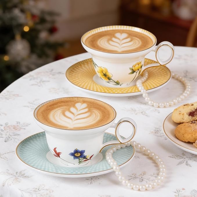KAMMAK Ceramic Coffee Cups Saucers Set of 2, Porcelain Espresso Cups with Saucers, 5.92 oz Handmade Elegant Bone China Tea Cup, Ceramic Floral Pattern Demitasse for Latte, Americano, Cappuccino
