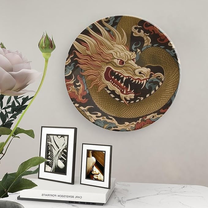 Dragon Gold Oriental Style Asian China Plates of 6", 7", 9", 10", Personalized Ceramic Craft for Decorative Ornaments, Table Home Decorations Wedding, with Display Stand And Hook Up