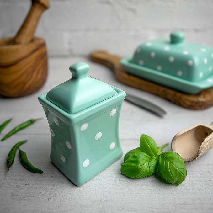 City to Cottage Handmade Teal Blue and White Polka Dot Small 5.3oz/150ml Ceramic Kitchen Herb, Spice, Storage Jar with Lid, Pottery Canister, Housewarming Gift