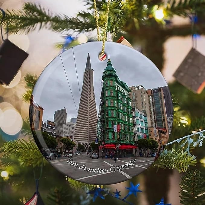 California San Francisco Cityscape USA America Christmas Ornaments for Tree Ceramic Pendant Double Sided Ornament Decor Xmas Gifts Porcelain Hanging Travel Souvenirs Birthday Gift for Family Son