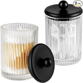 SheeChung 2-Pack Black Ribbed Glass Qtip Holder - Apothecary Jars Bathroom Organizer with Metal Lids - Countertop Vanity Canister Set for Cotton Swabs, Rounds, Pads, Floss Picks