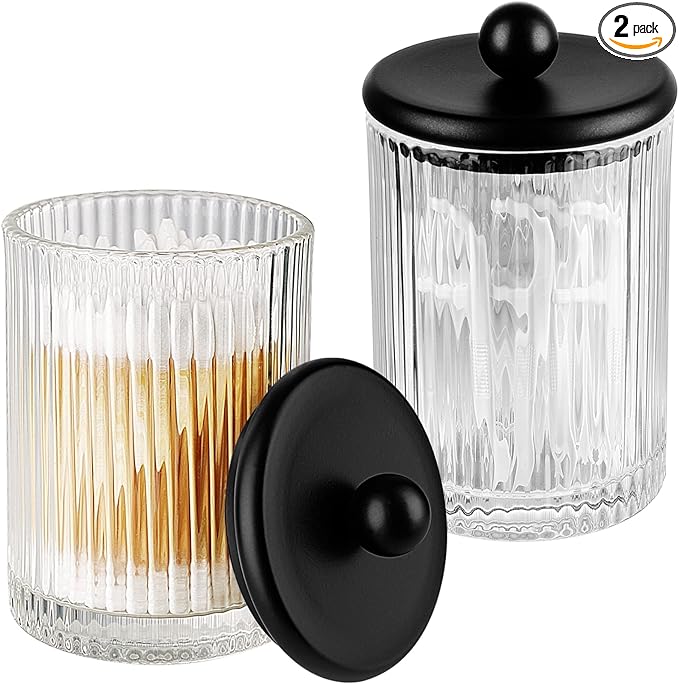 SheeChung 2-Pack Black Ribbed Glass Qtip Holder - Apothecary Jars Bathroom Organizer with Metal Lids - Countertop Vanity Canister Set for Cotton Swabs, Rounds, Pads, Floss Picks