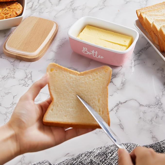 ALELION Pink Butter Dish with Lid for Countertop - Ceramic Farmhouse Butter Keeper Container with Thick Beech Wood Lid - Pink Kitchen Home Decor and Accessories for Kitchen Gifts