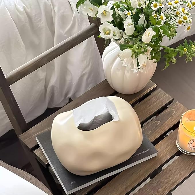 Decorative Ceramic Tissue Box Cover Modern Sculptural Design Creative Tissue Holder Smooth Finish for Home Office Bathroom (Black)