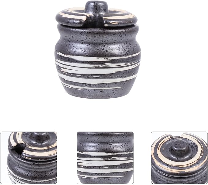 BETOOKY Ceramic Sushi Seasoning Pot and Mustard Condiment Pot Compact Black Ceramic Storage Jar for Asian Kitchen Dining and Sushi Serving