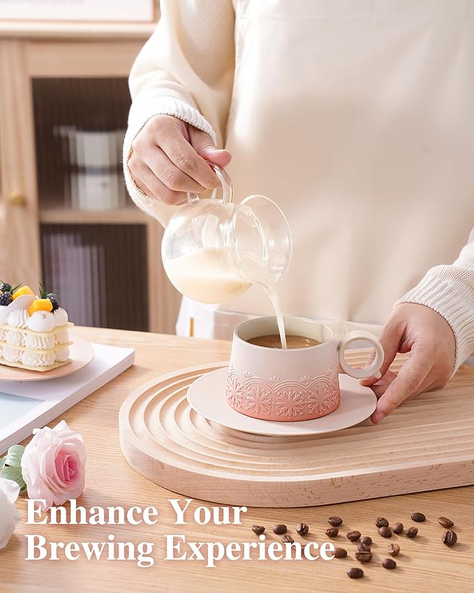 ZENS 7.3 Ounce Cappuccino Cups Set of 2, Artistic Embossed Cappuccino Mug with Saucers, Ceramic Coffee Cups for Double Espresso, Au Lait, Latte or Tea, Coffee Lovers Gifts, Pale Pink