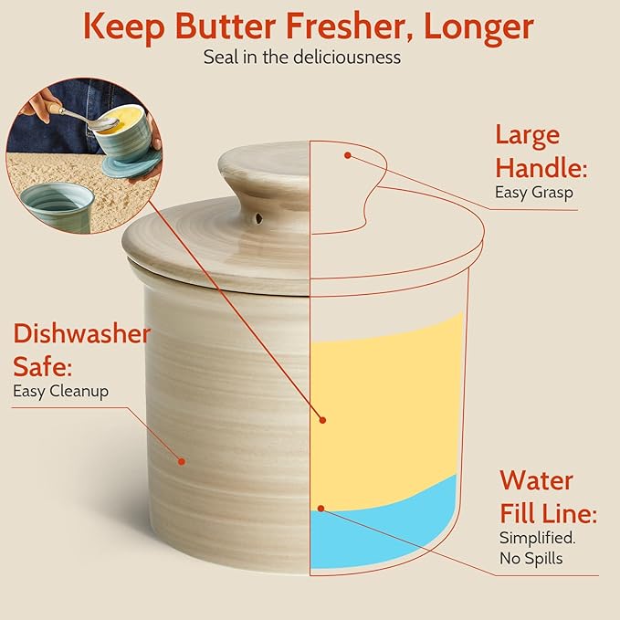 Sweese Hand-Painted Butter Crock with Water – French Butter Keeper Crock with Lid for Countertop, Artistic Design, Dishwasher & Microwave Safe, Gift-Ready-Light Grey
