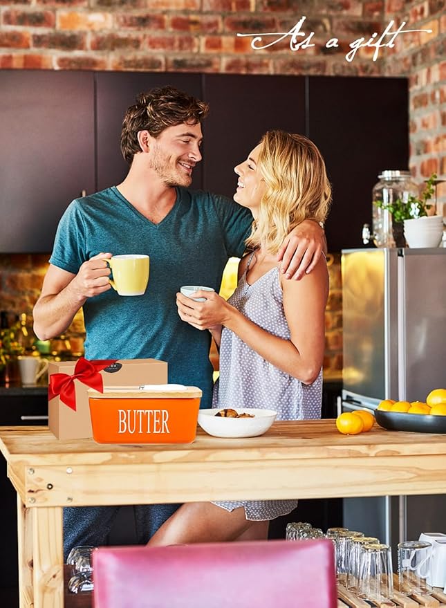 Butter Dish with Lid: Large Butter Dish for Countertop - Ceramic Butter Keeper Container with Knife and High Quality - Silicone Sealing Butter Box for Home Decor Good Kitchen Gift Orange