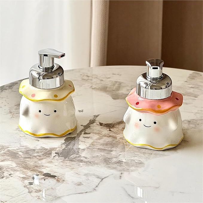 380ml Cute Ghost Ceramic Foaming Soap Dispenser - ABS Plastic Pump Container for Bathroom Vanity, Reusable Hand Soap/Bath Foam Dispenser(Pink)