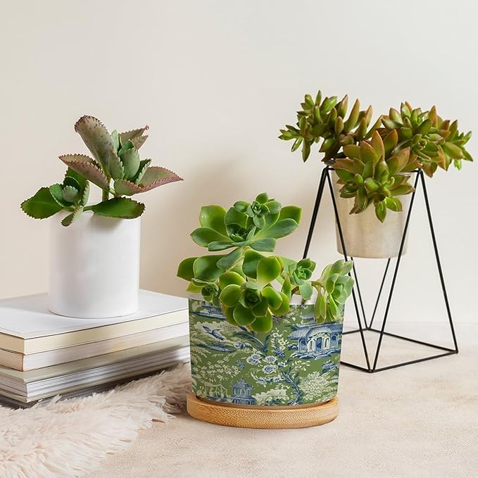 Planters Ceramic Turquoise Green Chinoiserie Floral and Bird Pots With Drainage Holes - Round Flowerpot With Bamboo Tray for Succulent and Little Snake Plants - Gift for Nana Grandma