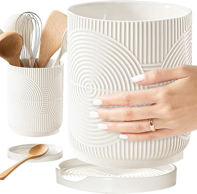 Utensil Holder, 7.2" Kitchen Utensil Holder for Counter, 2-in-1 Ceramic Cooking Utensils Holders with Spoon Rest, Utensil Crock for Spatula, Ideal Housewarming Gift (White)
