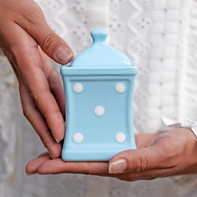 City to Cottage Handmade Small 5.3oz/150ml Ceramic Kitchen Herb, Spice, Storage Jar with Lid, Pottery Canister, Housewarming Gift (Baby Blue Polka Dot)