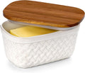 Nucookery Ceramic Butter Dish, Embossed Butter Keeper with Wood Lid for Countertop, Butter Holder and Container with Double Silicone Seal, Woven Pattern