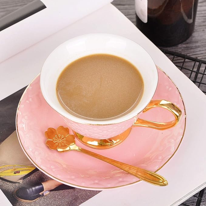 VanEnjoy Pink Vintage 8 Ounces Porcelain Coffee Cup,Tea Cup and Saucer Set and Saucer with Decorative Scale Pattern, Vintage