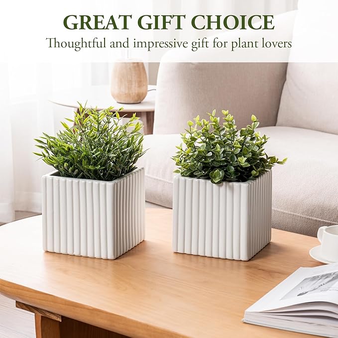 MyGift 6.3 Inch Square Vintage White Ceramic Succulent Planter Pot with Vertical Ribbed Design, Indoor Mini Flower Plant Pots, Set of 2
