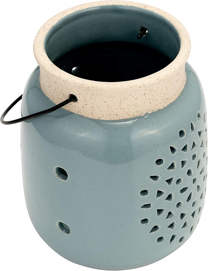 Sagebrook Home Ceramic Hurricane Lantern with Cutout Design - Stoneware Decorative Candle Holder for Home, Office & Living Room - Rustic Garden Accent - 6" Blue