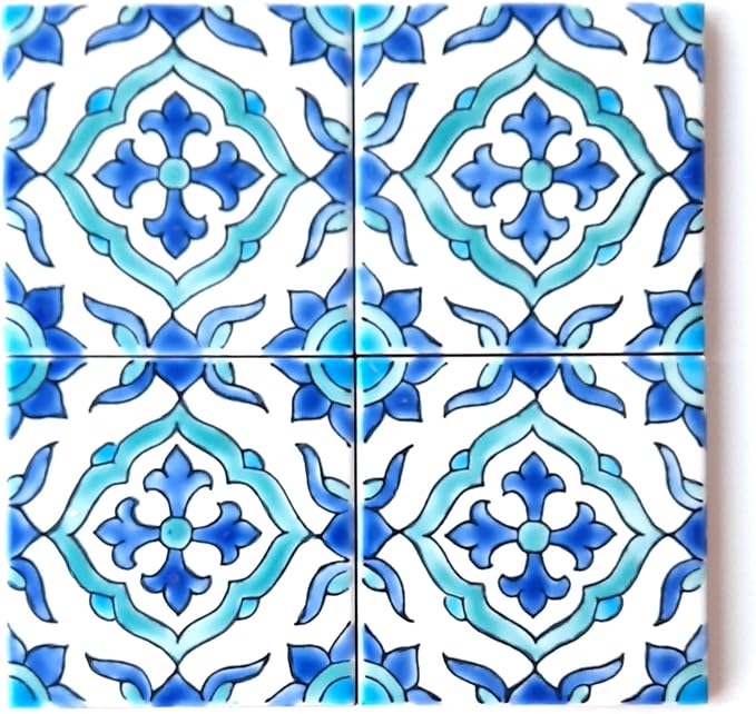 DŸARI Decorative Ceramic Tiles – Hand Painted Indoor & Outdoor Floor Tiles – Spanish Artisan Tile Top Kitchen – Mediterranean Decorative Tiles 4” × 4” – Durable Colorful Floor Tiles – 140 g (Eau V 6)