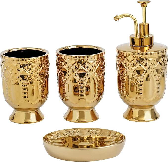 4-Piece Bathroom Accessory Set, Ceramic Bathroom Soap Dispenser Sets, Complete Gold Bath Decor Include Soap Dispenser, Toothbrush Holder, Tumblers,Soap Dish