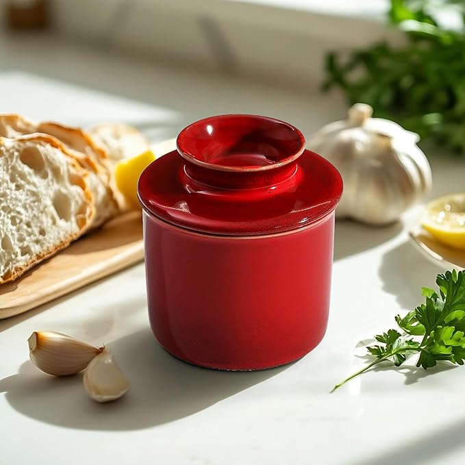 Red French Butter Dish，Handmade Reactive Glaze Ceramic Butter Crock with Water Line for Speradable Fresh Butter