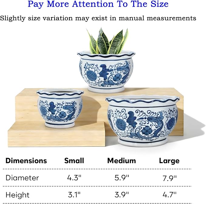 Blue and White Planters, Succulent Pots Ceramic Plant Pots Indoor with Drainage for Home Décor - Set of 3
