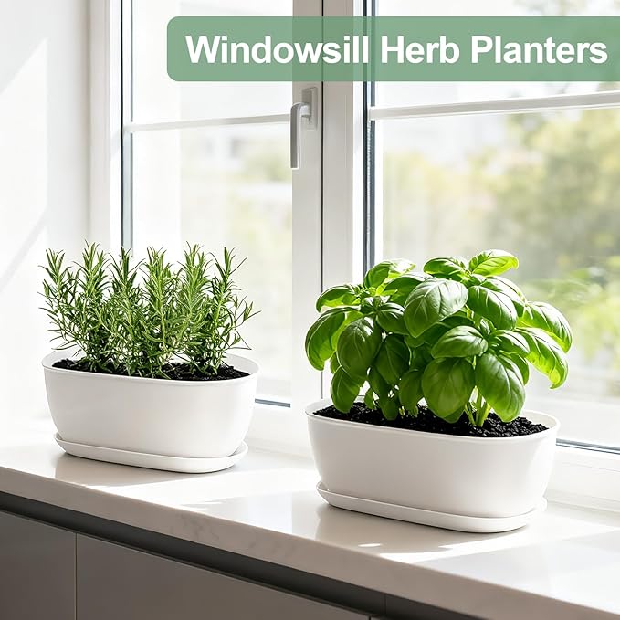 Set of 4 White Oval Shallow Herb Garden Planters with Drainage Holes and Trays (8.66 Inch) Plant Pots for Herbs Basil Orchids Succulents, Modern Herb Garden Planter for Indoor/Outdoor Plants