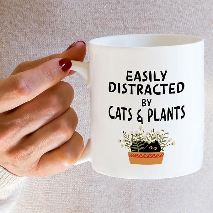 Retreez Funny Cat and Plant Lover Mug - Easily Distracted by Cat and Plants - 11 Oz Ceramic Coffee or Tea Cup - Hilarious Gift for Gardener, Cat Owner, Plant Lady - Birthday, Appreciation Gift For Mom
