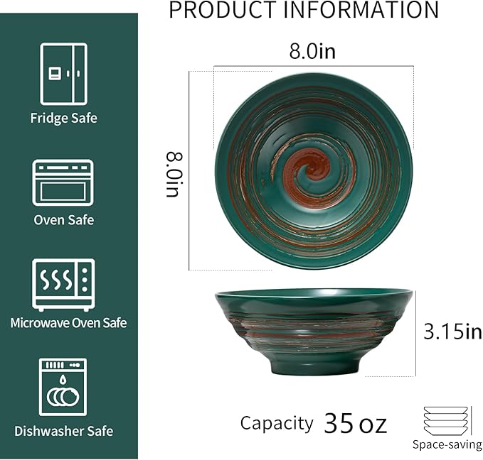 YUN TAO Ceramic Ramen Bowls Set of 4, 35 oz Large Japanese Style Serving Bowls for Salad,Udon, Soba, Pho,Pasta, Asian Soup Noodle,Suitable as Housewarming Gifts